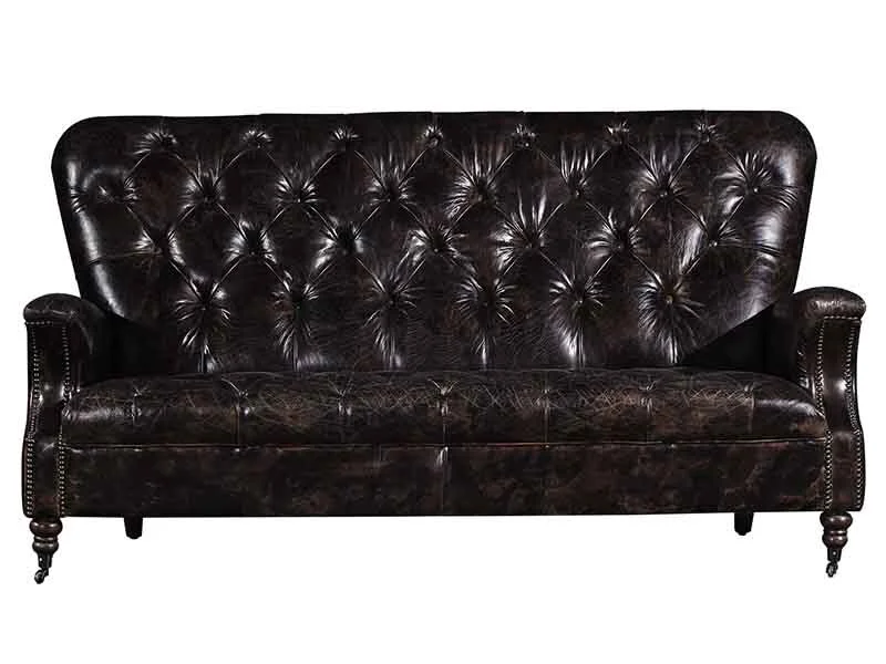 Tufted Back Black Vintage Leather Sofa Set 1
