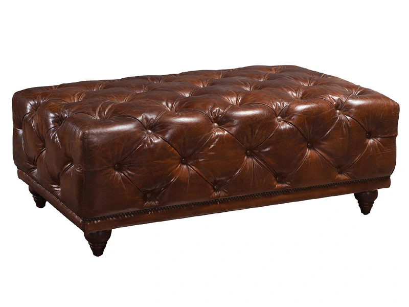 Vintage Leather Tufted Ottoman 1