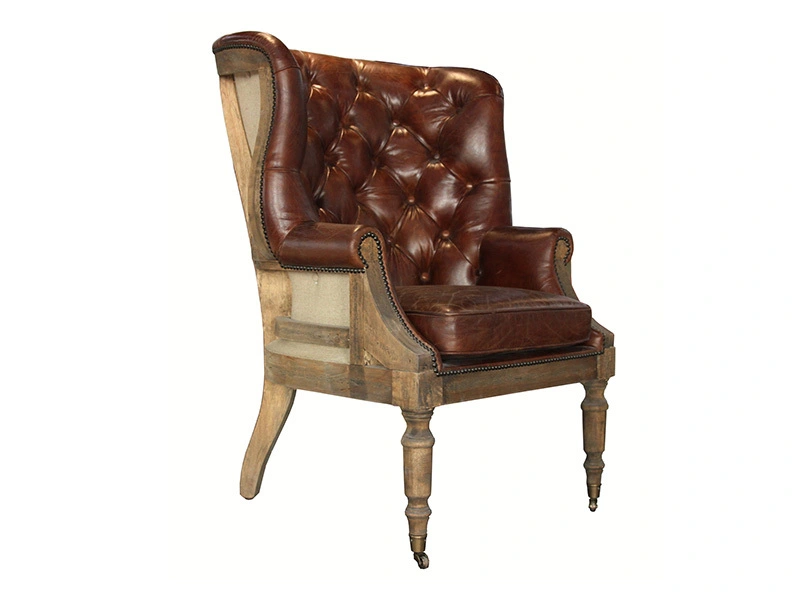 Button Wing Back Deconstructed Vintage Leather Chair 1