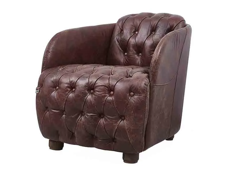 Buttoned Back and Seat Antique Tan Leather Sofa Chair 1