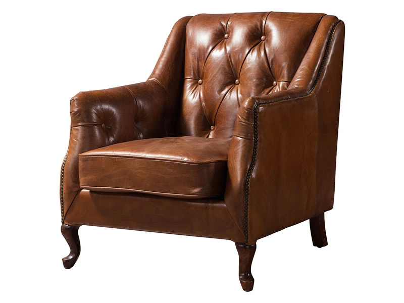 Wood Leg Vintage Leather Brown Sofa Chair 1