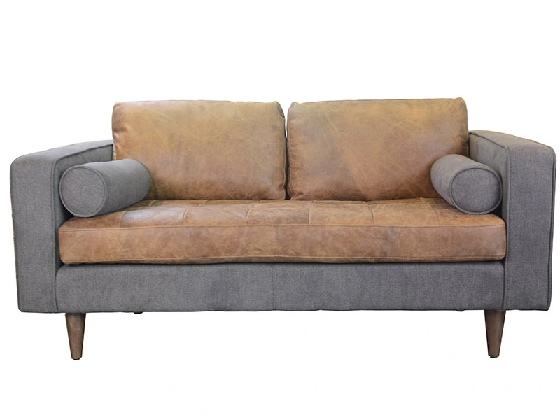 2 Seater Mid-century  Solid Wood Frame Vintage Leather Sofa For Office 1