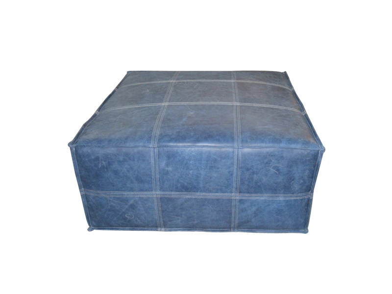 Blue Square Genuine Leather Ottoman With Metal Frame Use In Bedroom Porch 1