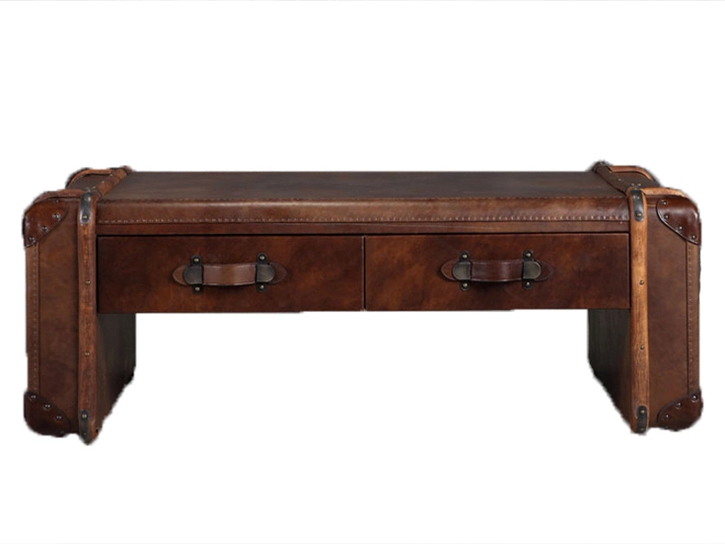 Antique Grain Leather Coffee Table With Rattan 1