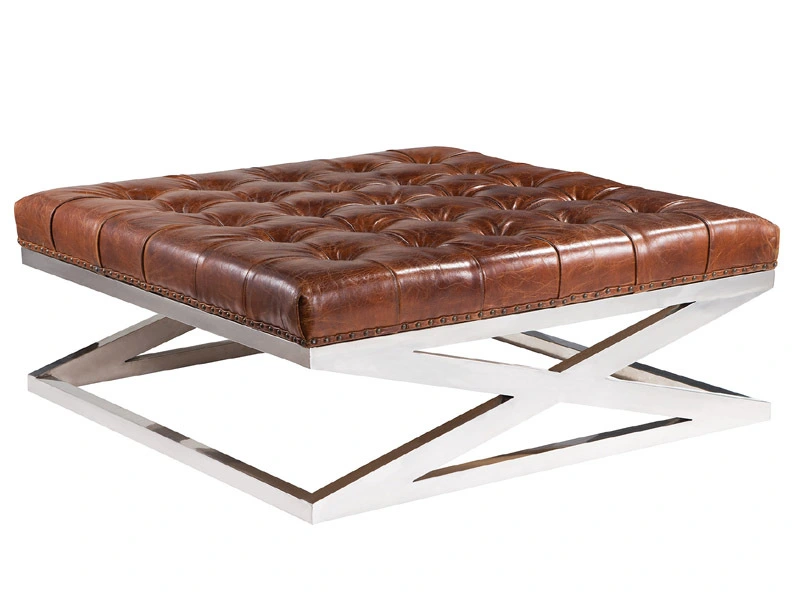 X Base Vintage Leather and Metal Ottoman 1