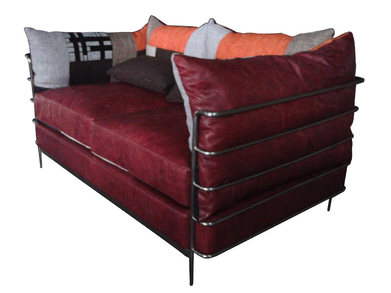 Burgundy Vintage Leather Tubular Base Sofa 1
