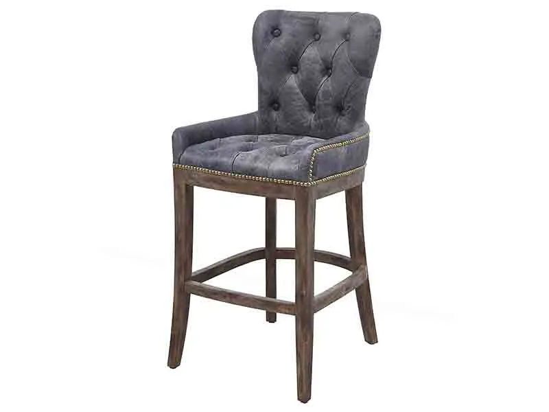 Gray Vintage Leather Oak Wood Bar Chair 1