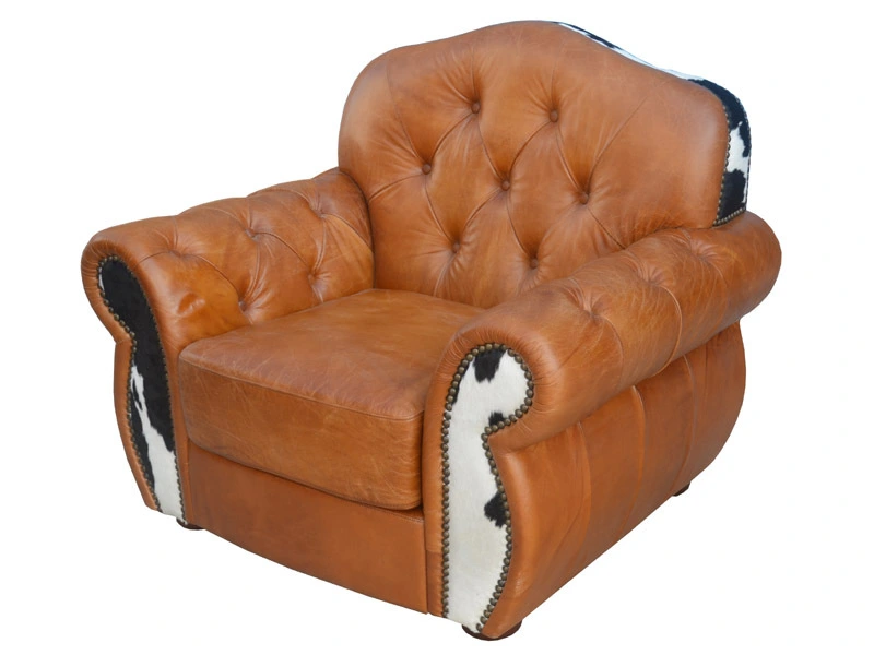 Roll Arm Tufted Back Sofa Chair with Cow Hide Leather Arm 1