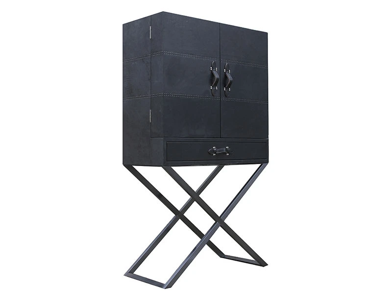 X Metal Base Vintage Leather Wine Cabinet 1