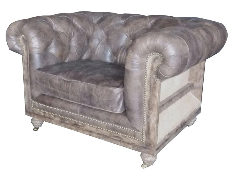 Vintage Tan Leather Chesterfield Roll Arm Sofa Chair 1