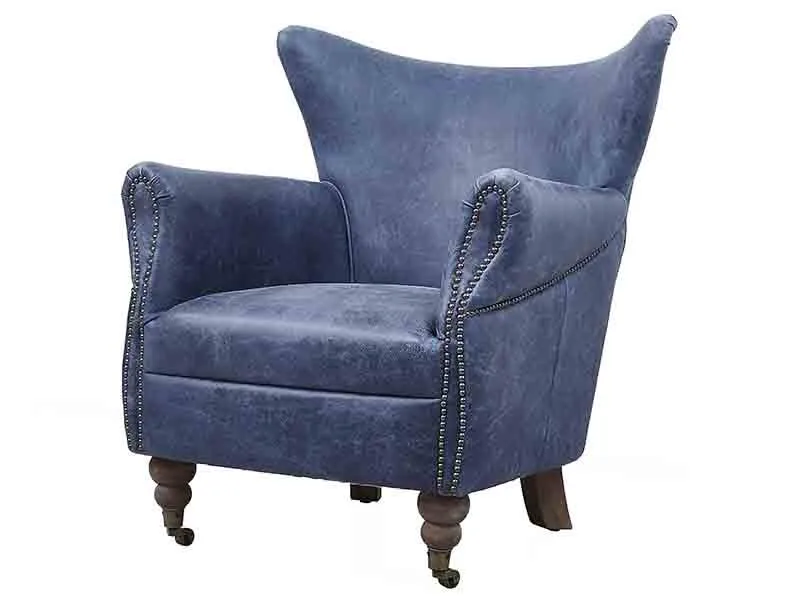 Rolled Arm Wing Back Vintage Leather Chair with Wheels 1