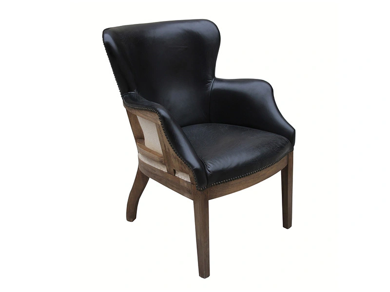 Solid Wood Frame Black Leather Wing Chair 1