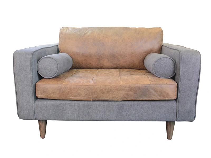 Vintage Full Grain Classic Tan  Leather Mixed Linen Sofa With Round Pillow 1