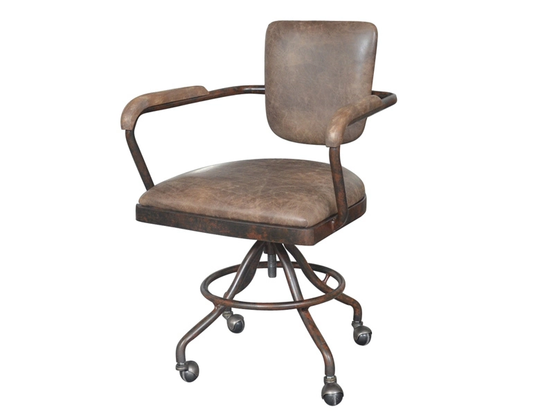 Industrial Rustic Top Grain Leather Adjustable Rolling Desk Chair 1
