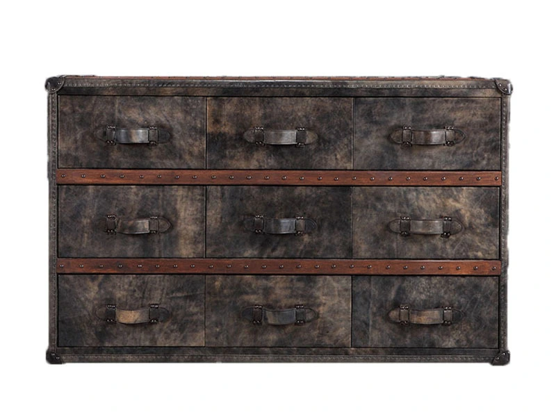 Vintage Grey Old Leather Side Chest 1