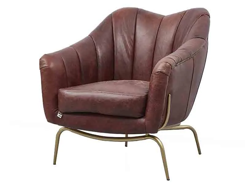 Brass Color Base Tub Antique Tan Leather Chair 1