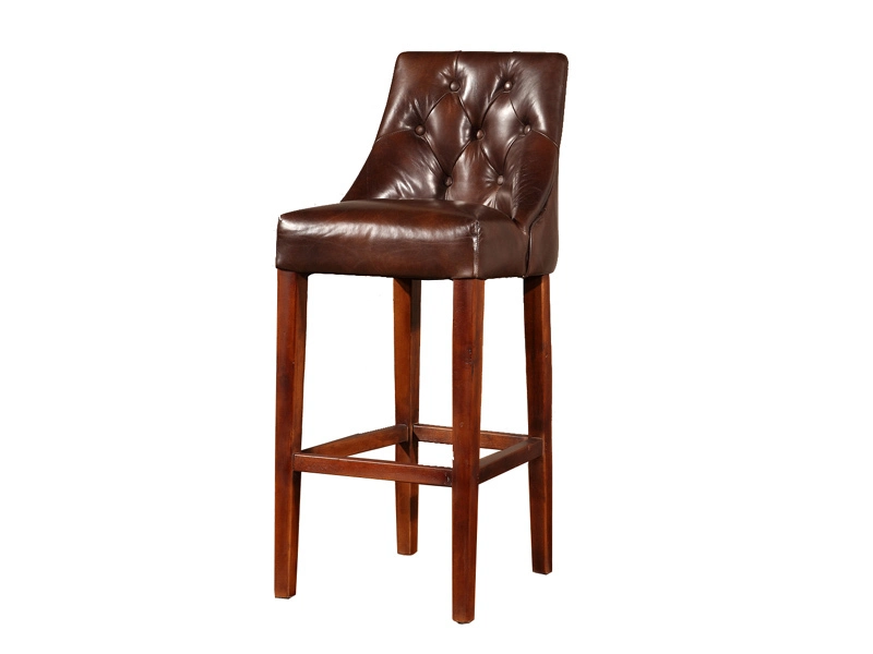 Oak Wood Tufted Back Vintage Leather Bar Stool 1