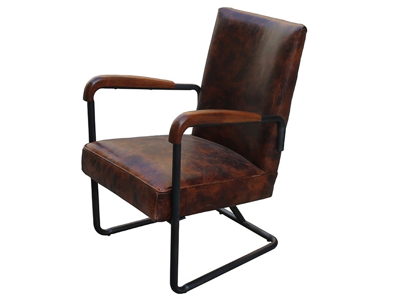 Metal Frame Wood Arm Aged Cow Leather Chair 1