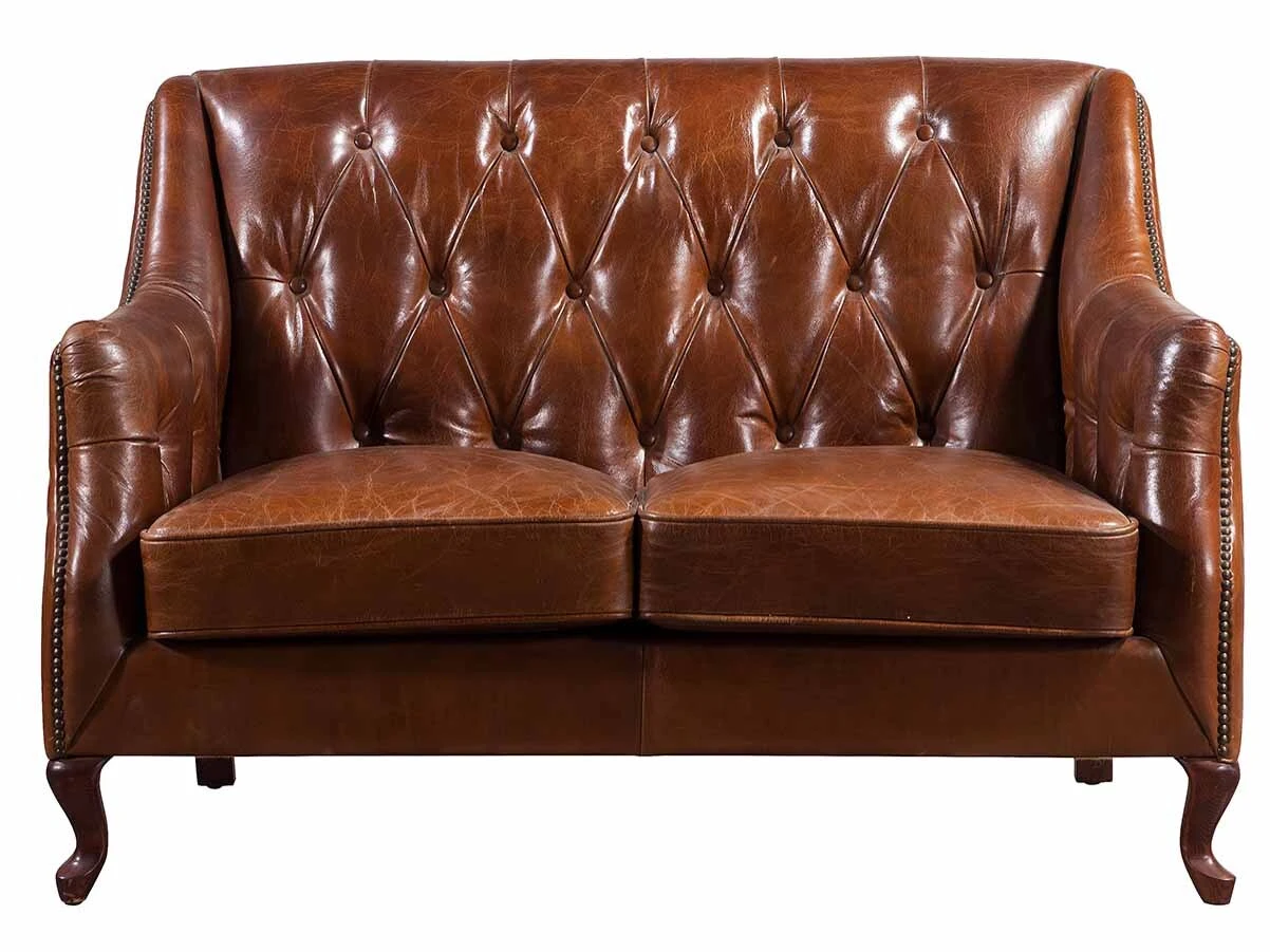 Wood Leg Vintage Leather Brown Loveseat Sofa 1