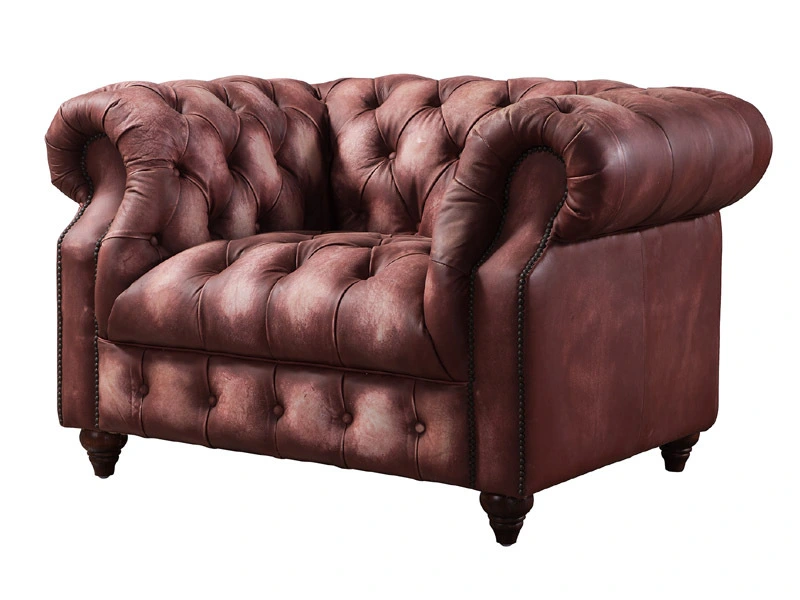 Antique Red OX Cow Leather Button Back Sofa 1