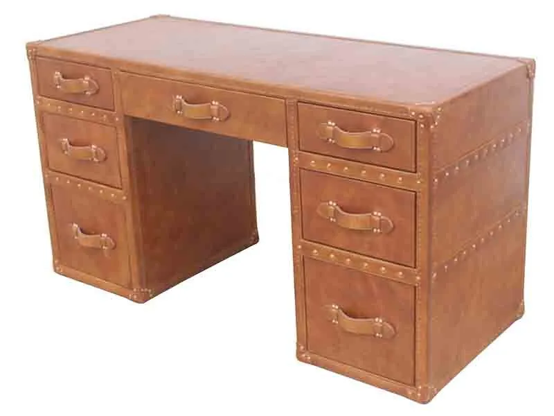 Vintage Leather Office Table with Drawers 1