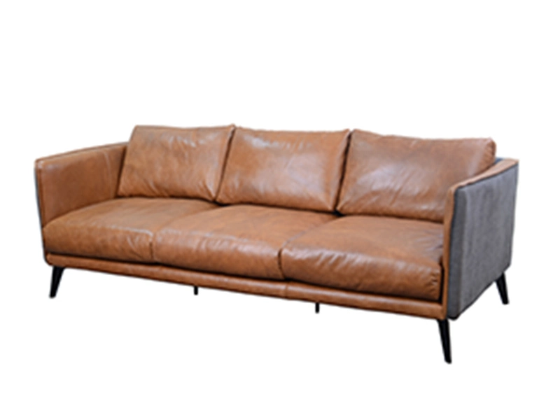 Luxury Wooden Legs Genuine Leather Mixed Linen Couch For Office 1