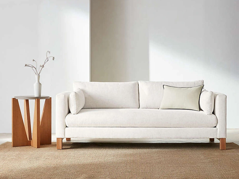 Modern White Linen Fabric 3 Seat Sectional Couch Sofa Track Arm Sofa with Wood Legs 1