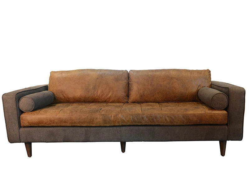 Vintage Brown Genuine Leather  Mixed Gray Linen Fabric Sofa For Living Room 1