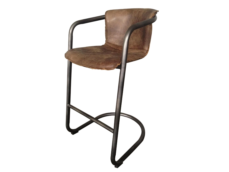 Rustic Style Tubular Base Real Leather High Stool 1