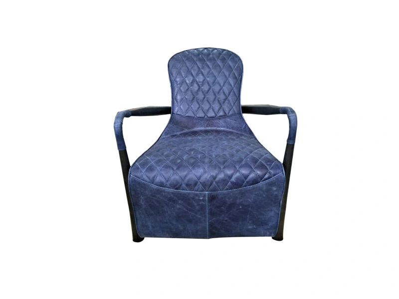 Metal Frame Dark Blue Leather Chair With Arms And Wide Seat For Living Room Restaurant Hotel 1