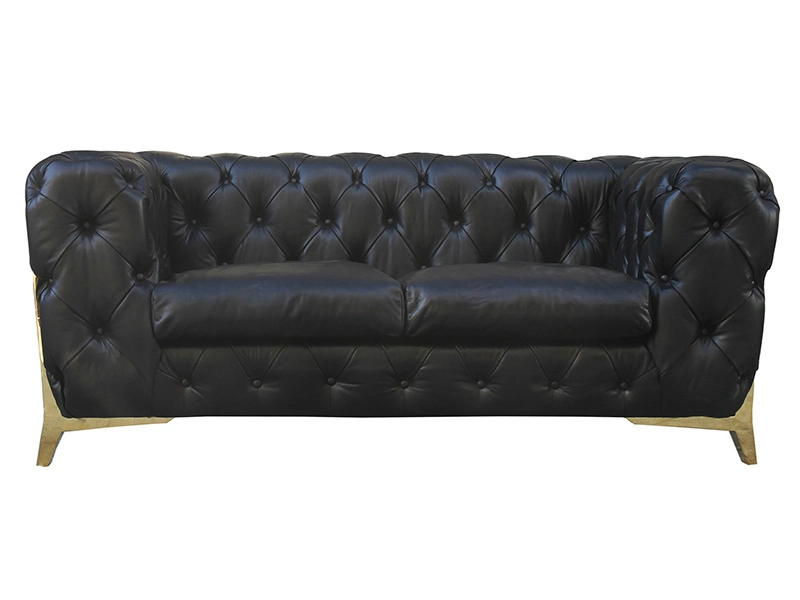 Tufted Button Back and Seat Black Genuine Leather Sofa 1