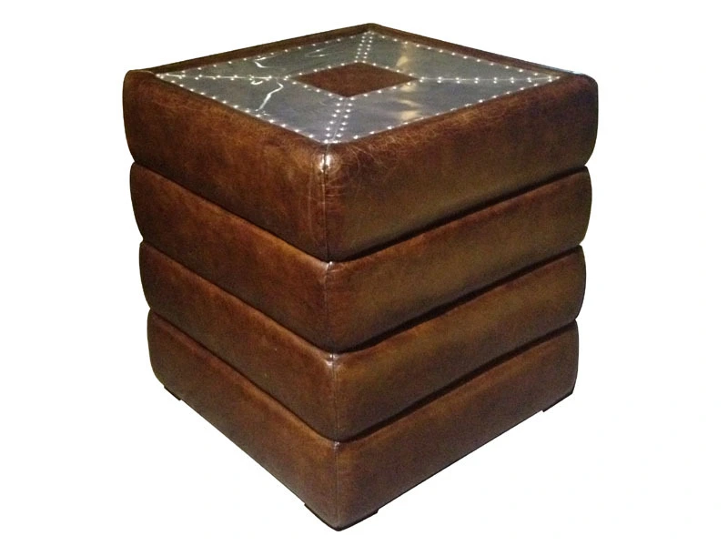 Vintage Leather Side Table with Riveted Metal Top 1