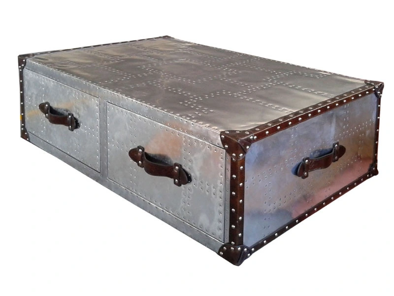 Aviator Leather Steamer Coffee Table with Vintage Drawers 1