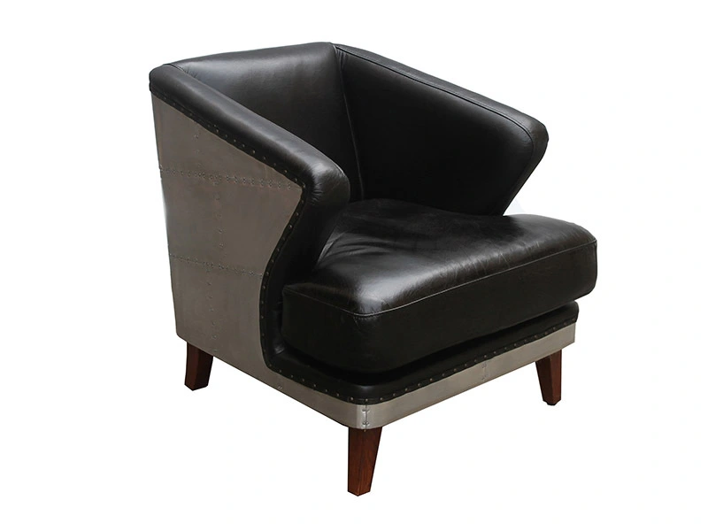 Wood Leg Black Genuine Leather Aviation Club Chair 1
