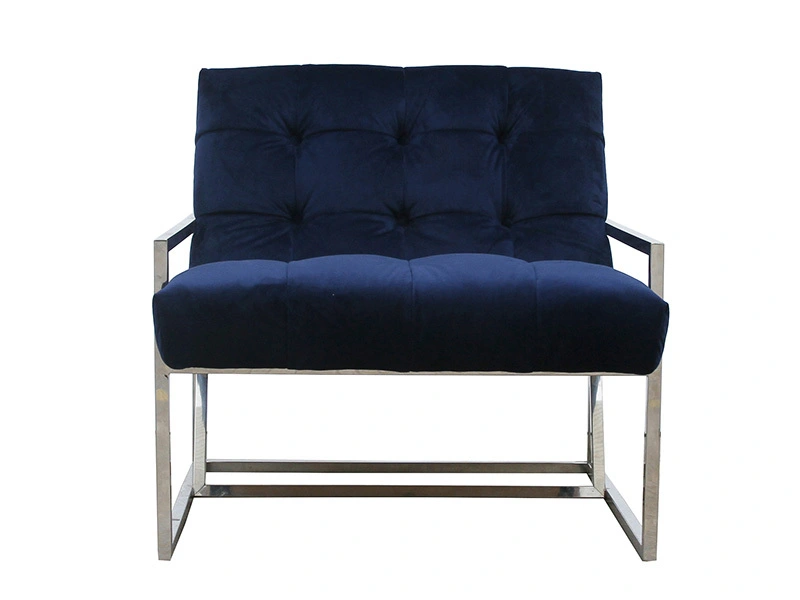 Stainless Steel Frame Blue Velvet Chair with Button Back 1