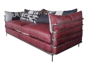 Burgundy Vintage Leather Tubular Base Sofa Set 1