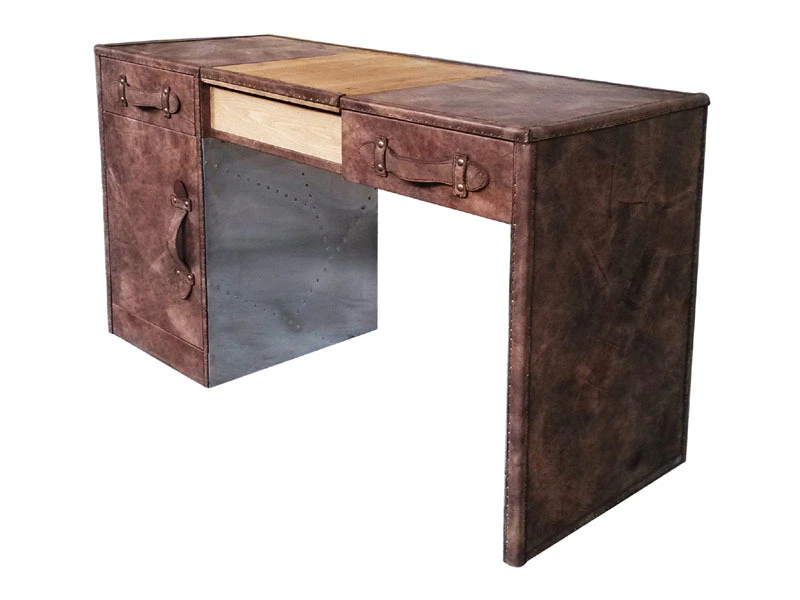 Vintage Leather Dressing Table with Mirror 1