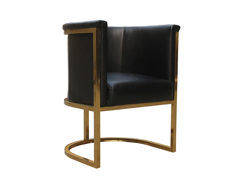 Gold Metal Frame Black Leather Leisure Tub Chair 1