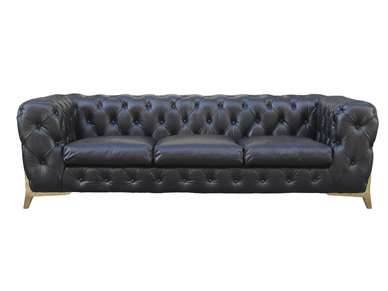 Luxury Black Tufted Leather Sofa Couch with Golden Leg 1