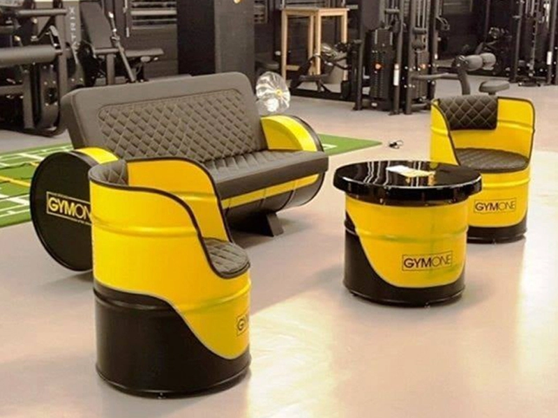 Industrial Modern Dining Chairs Accent Leather Metal Iron Oil Drum Restaurant Bench Leather Sofa 1