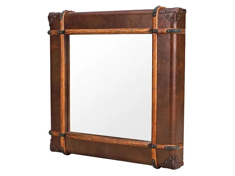 Miroir rectangulaire vintage en cuir et rotin 1