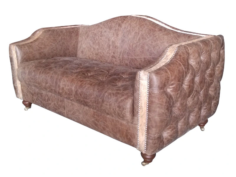 Tufted Arm Antique Leather Loveseat Sofa 1