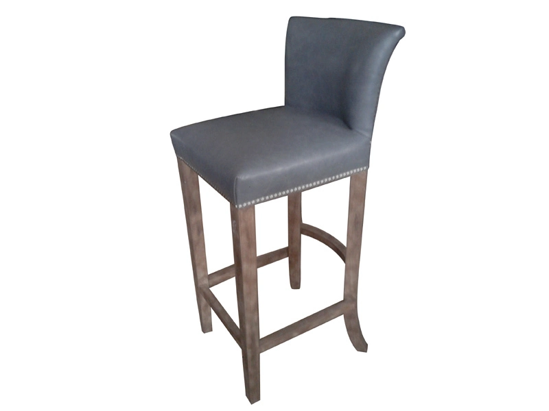 Oak Wood Grey Vintage Leather Bar Stool 1