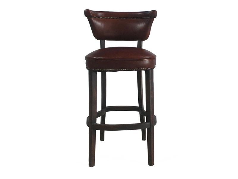 Vintage Genuine Leather Seat Wooden Bar Stool 1