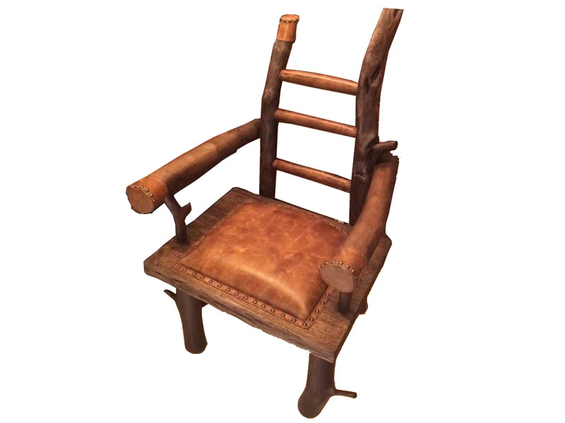 Vintage Solid Wood Chair with Leather Cushion and Rivets 1