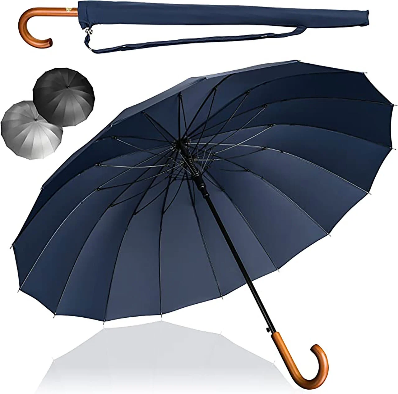 Wholesale Auto Open Large Stick Umbrella Fiberglass Pongee 16 Ribs 1