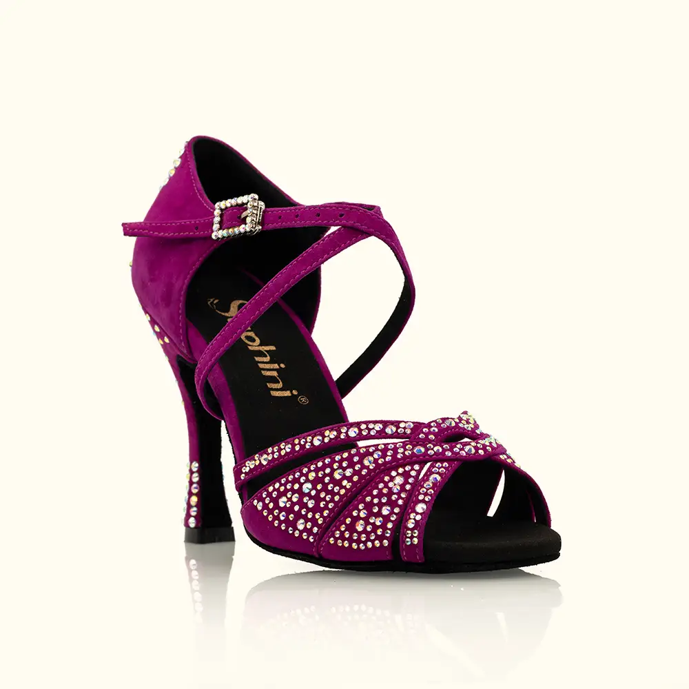 Chaussures de danse latine souples et confortables en peau de mouton, talons hauts pour la compétition et le spectacle, en daim violet orné de strass. Fabricant de chaussures de danse. 1