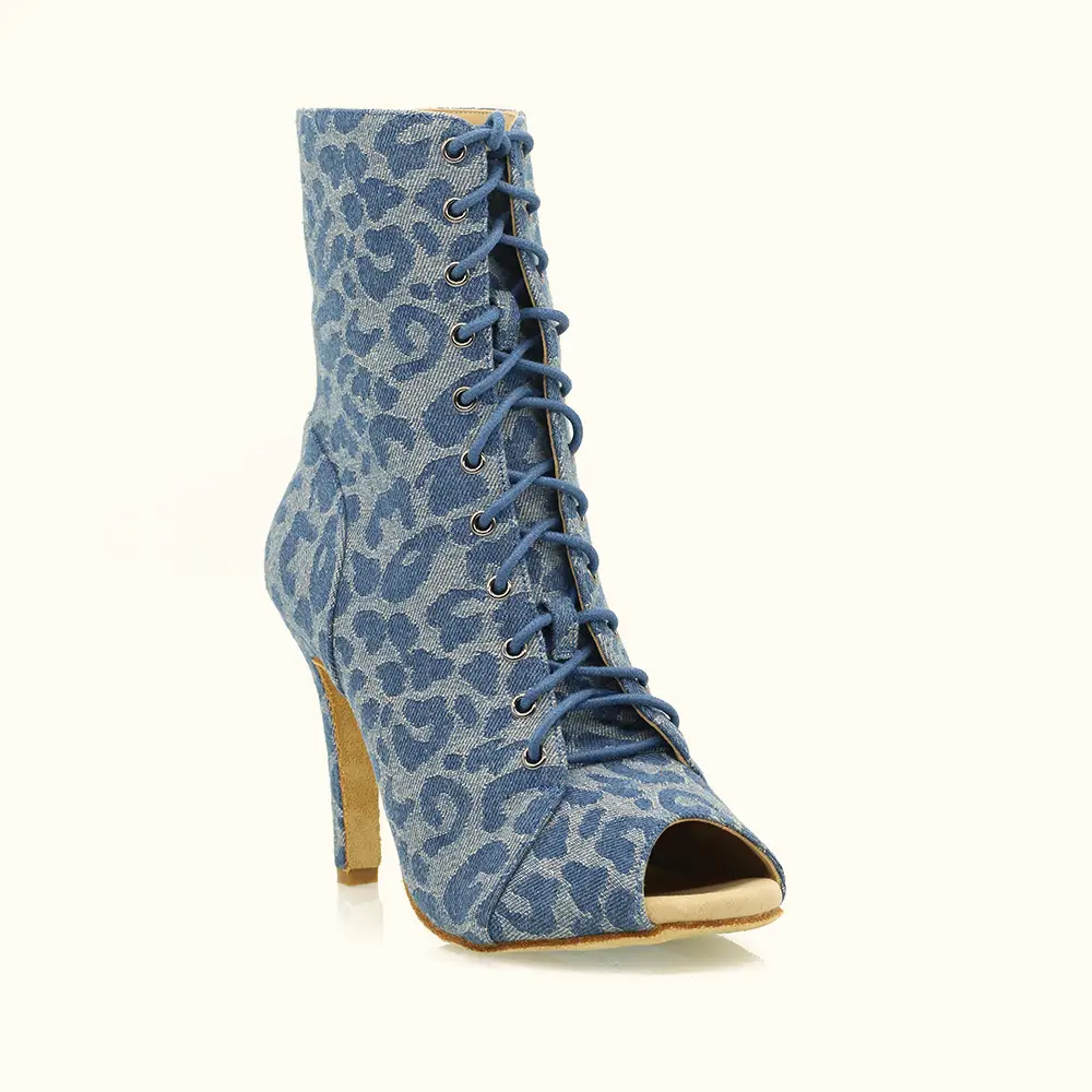 Denim Leopard Print Peep-Toe High Heel Dance Boots for Stage Performance Stable Heels Shoes Customization Factory 1