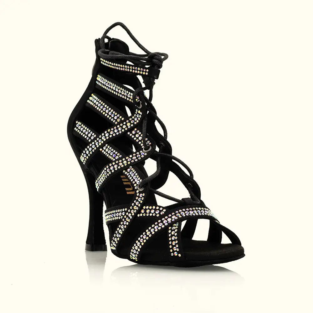 Luxury Crystal Rhinestone Dance Boots Black Satin High Heel Stage Performance Shoes with Cutout Design ance Shoes for Wedding & Show Wholesale 1