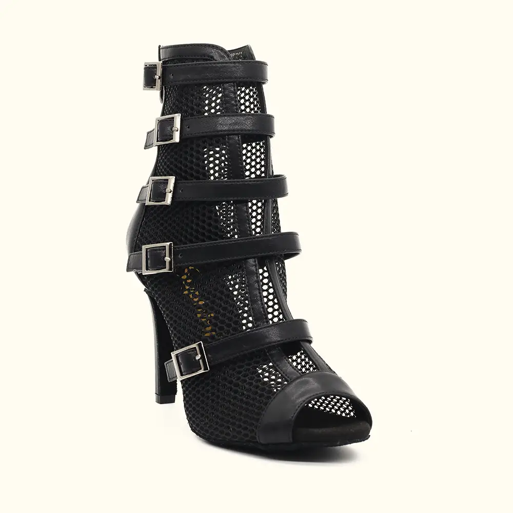 Black Microfiber Leather Dance Boots Multi Adjustable Buckles Peep-Toe Breathable Dance Shoes Manufacturer 1